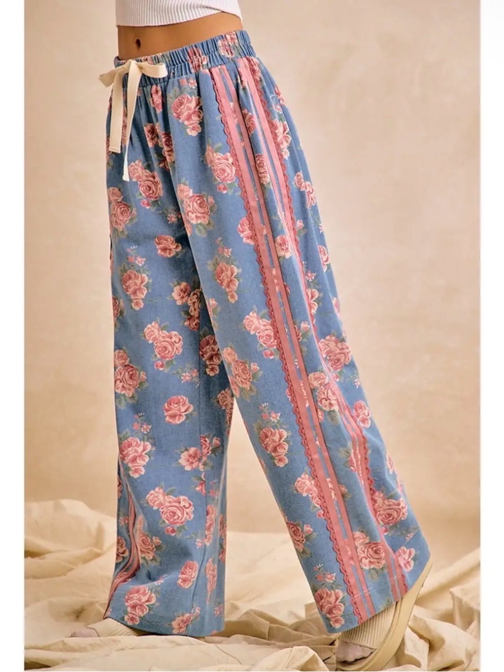 Denim rose floral lace trim boho wide leg western contrast bohemian pant
